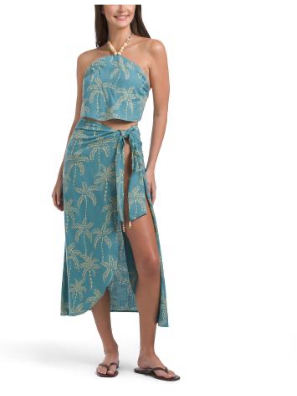 TRUE DESTINATION 🌞 Women’s Teal Palm-Print Halter Crop Top & Sarong cover up.